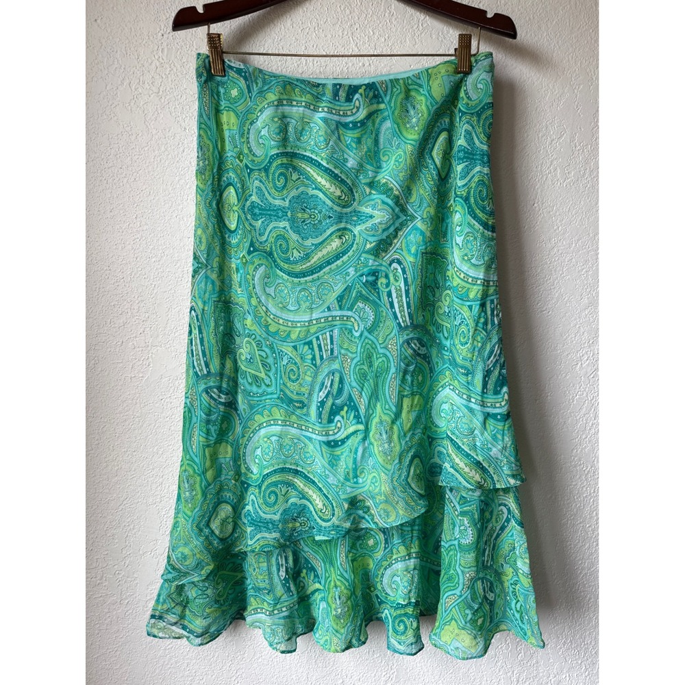 Y2K Fairycore Whimsigoth Liz Claiborne Green Paisley Silk Tiered Ruffle Skirt